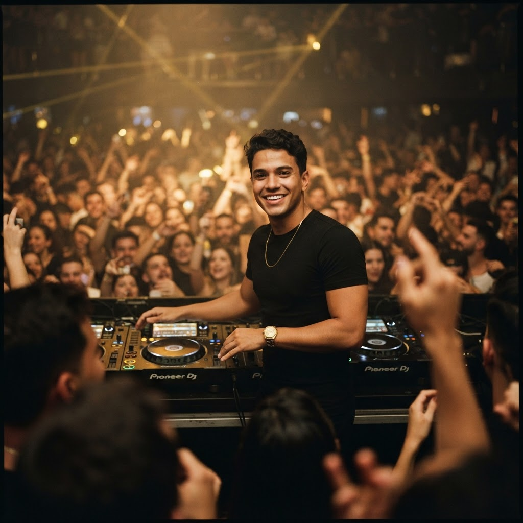 DJ tocando em uma CDJ 3000 e mixer Pioneer na cabine