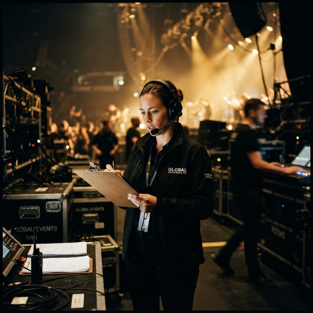 Produtor de eventos organizando os bastidores de um show