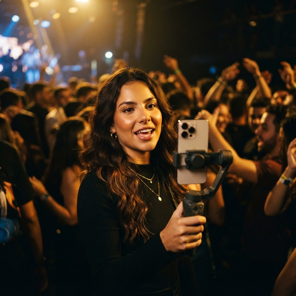 Criadora de conteúdo gravando em um evento