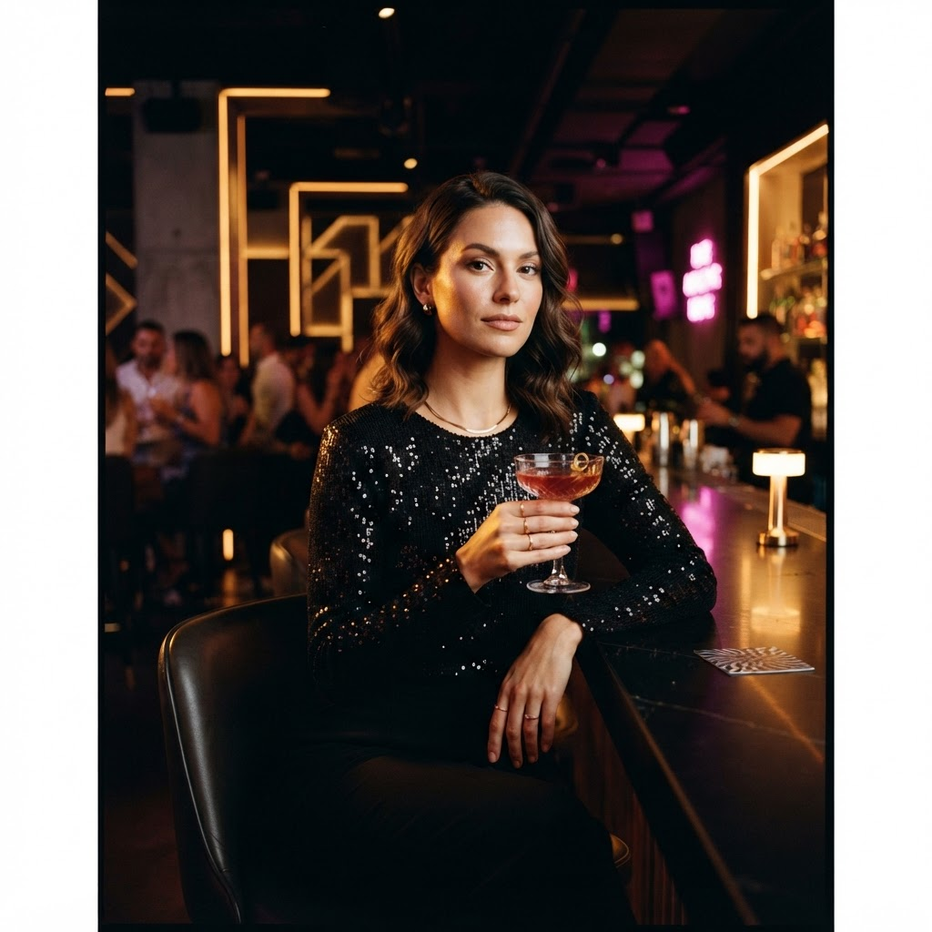 Retrato cinematográfico de influenciadora em um club exclusivo