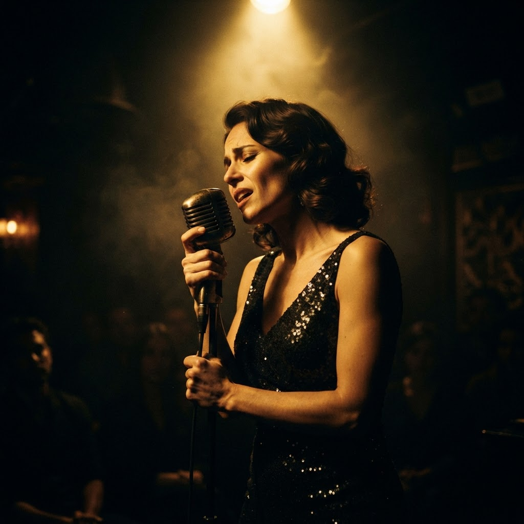 Cantora ao microfone no palco